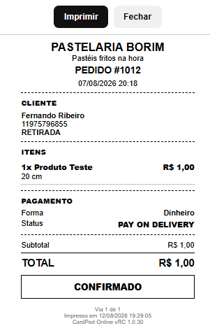 Comanda real do CardPed com pagamento